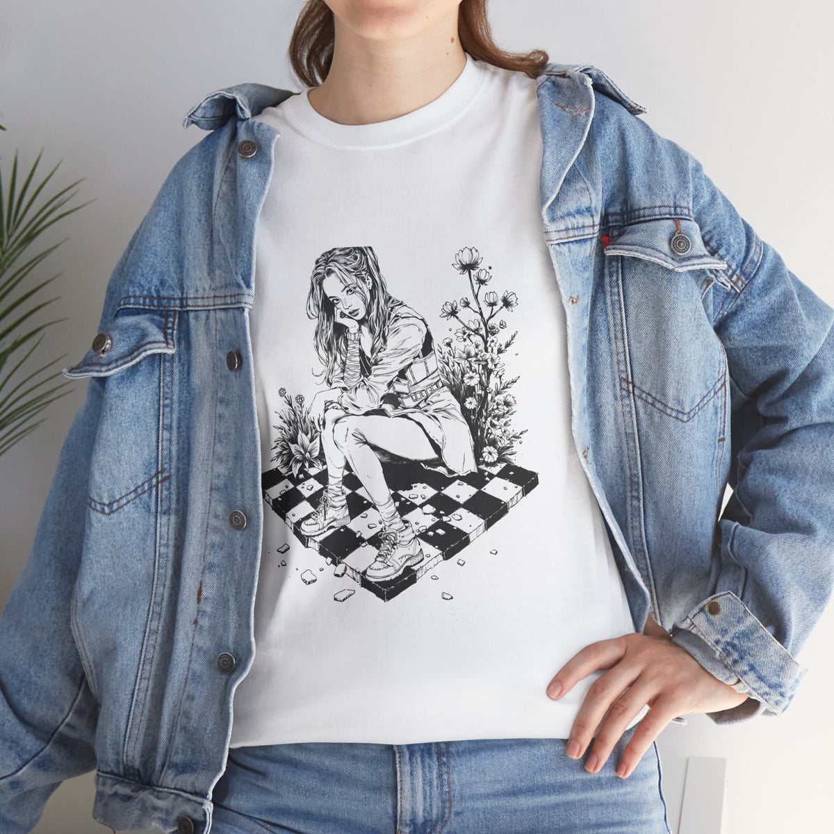 Gothic Girl Line Art Sketch Graphic Tee Unisex Heavy Cotton T-Shirt