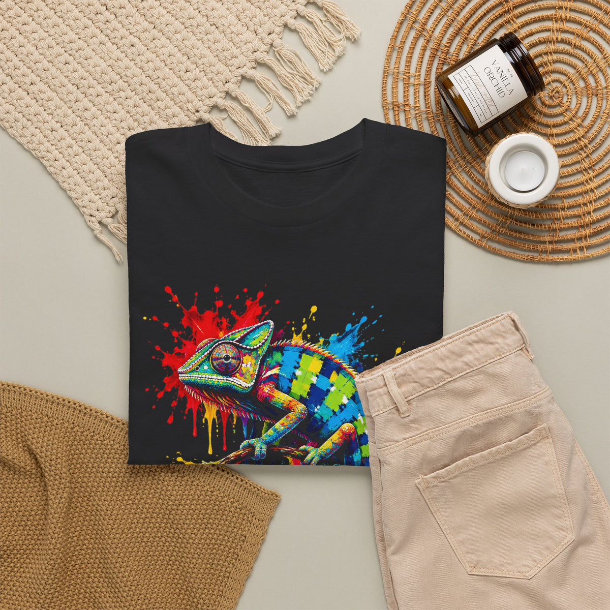 Rainbow Chameleon T-Shirt Colorful Paint Splash Lizard Reptile Art Tee