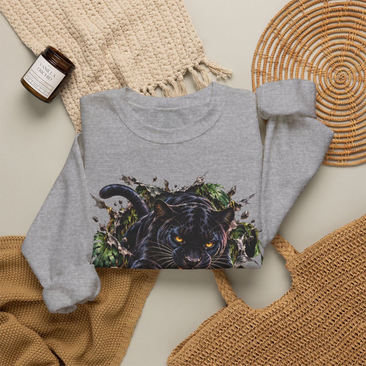 Black Jaguar Sweatshirt Snarling Big Cat Jungle Leaves Crewneck