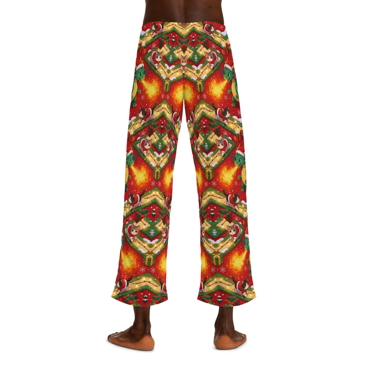 Green Christmas Dragon Kittens Mens Pajama Pants Holiday Sleep Pants