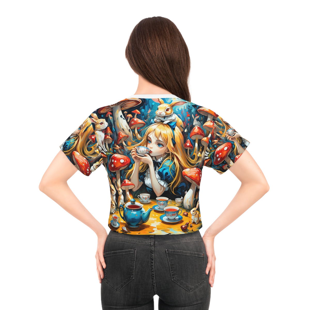 Wonderland Tea Party Crop Top Womens Mushroom Rabbit Fairytale All Over Print