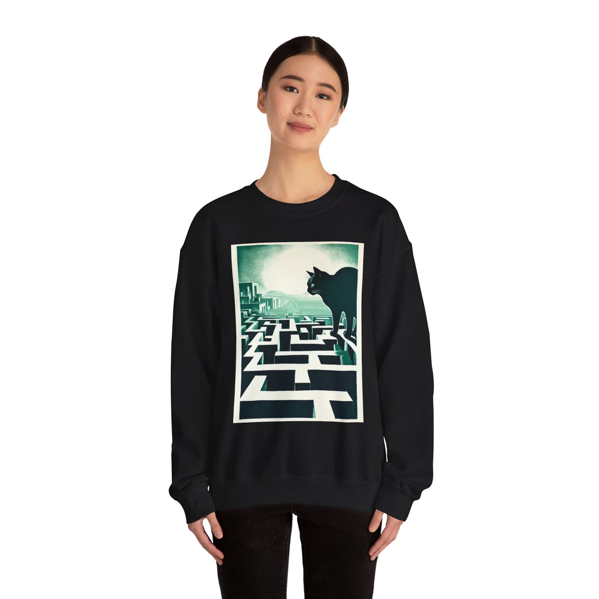 Giant Black Cat Maze Teal Crewneck Sweatshirt Unisex Graphic Pullover