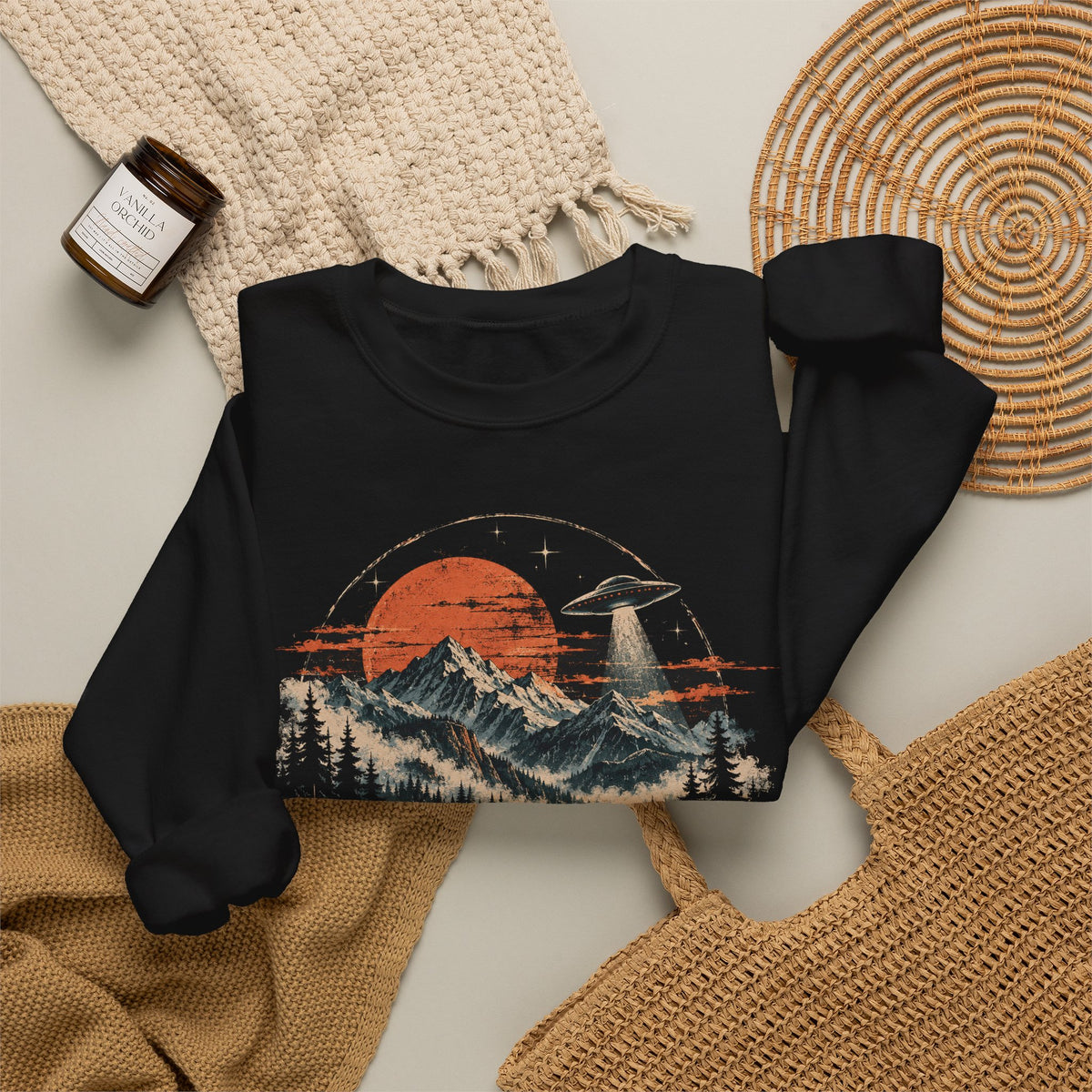 UFO Mountain Lake Sweatshirt Flying Saucer Orange Moon Alien Crewneck