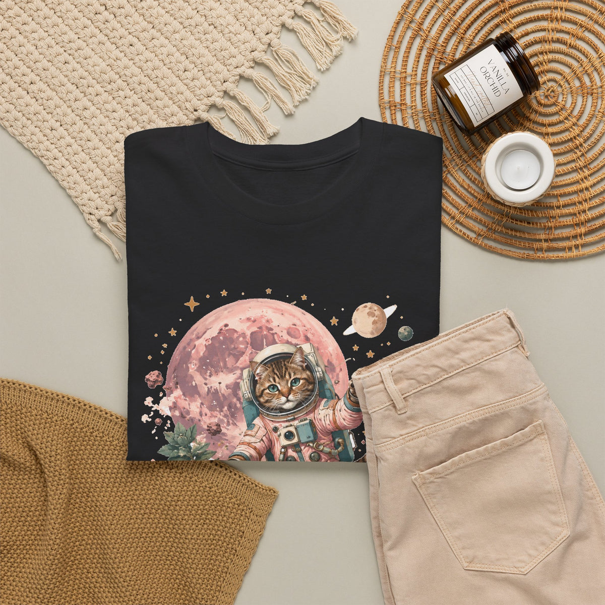 Tabby Cat Astronaut T-Shirt Pastel Pink Moon Space Cat Waving Tee