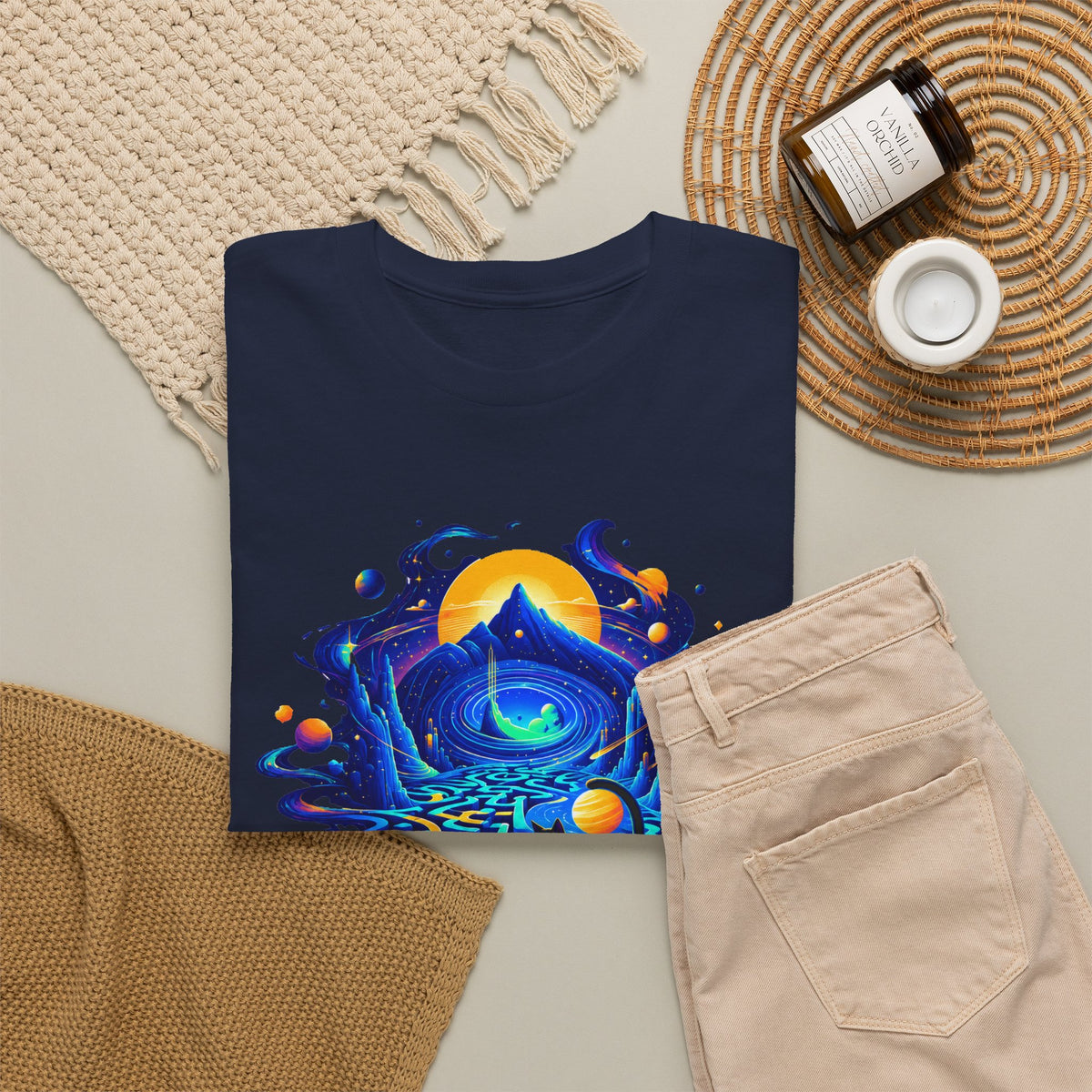 Cosmic Black Cat Maze T-Shirt Celestial Galaxy Labyrinth Mountain Sun Cat Lover Tee