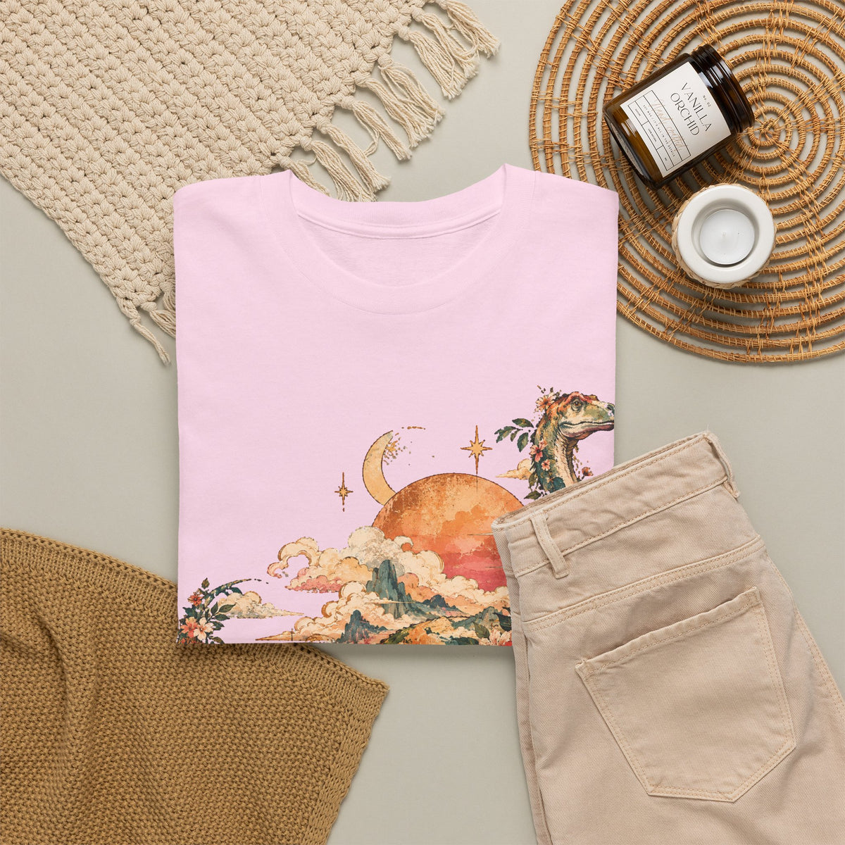 Floral Dinosaur T-Shirt, Vintage Brontosaurus Sunset Mountains Graphic Tee Unisex Nature Shirt