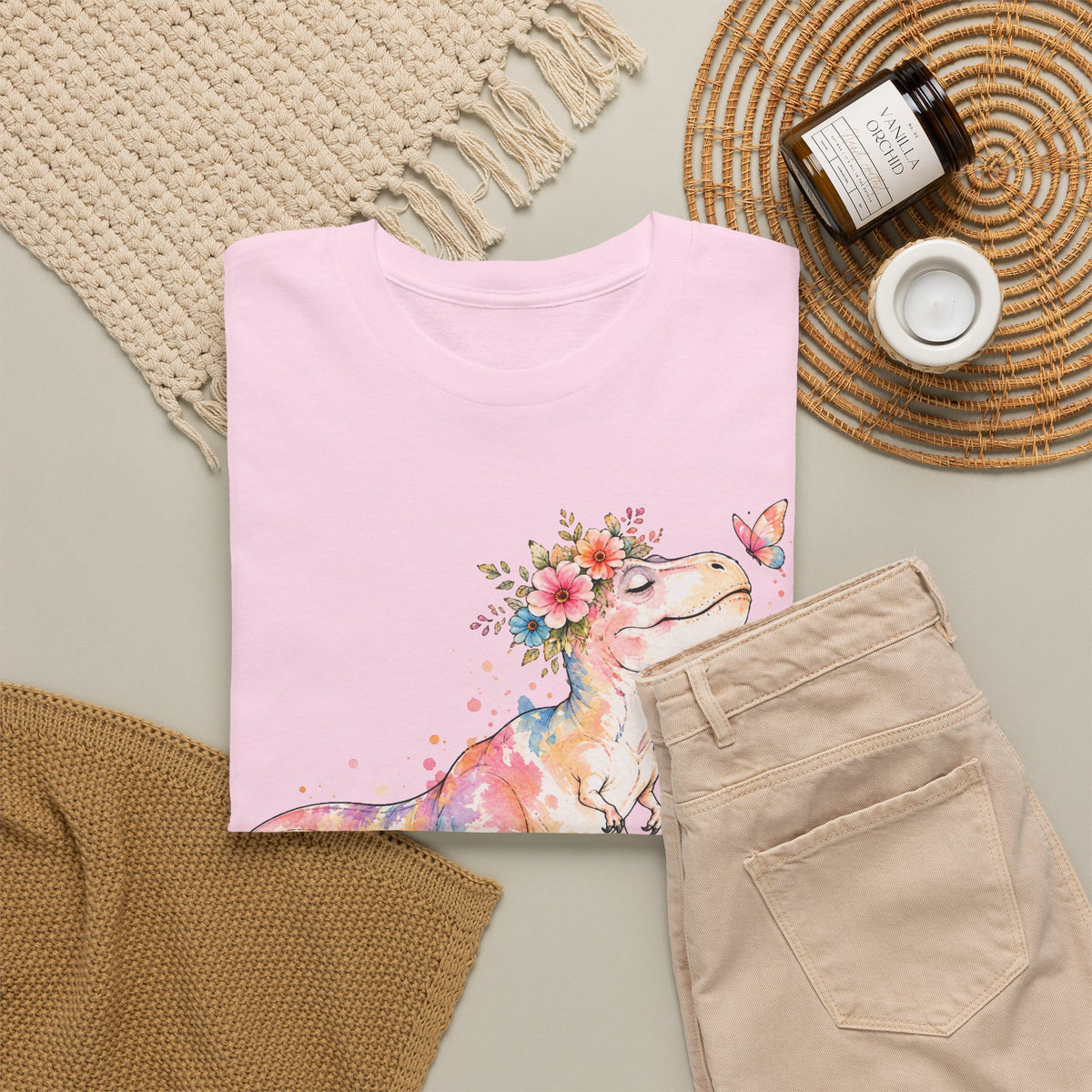 Watercolor T-Rex T-Shirt, Pastel Dinosaur Flower Crown Butterfly Graphic Tee Unisex Cute Dino Shirt