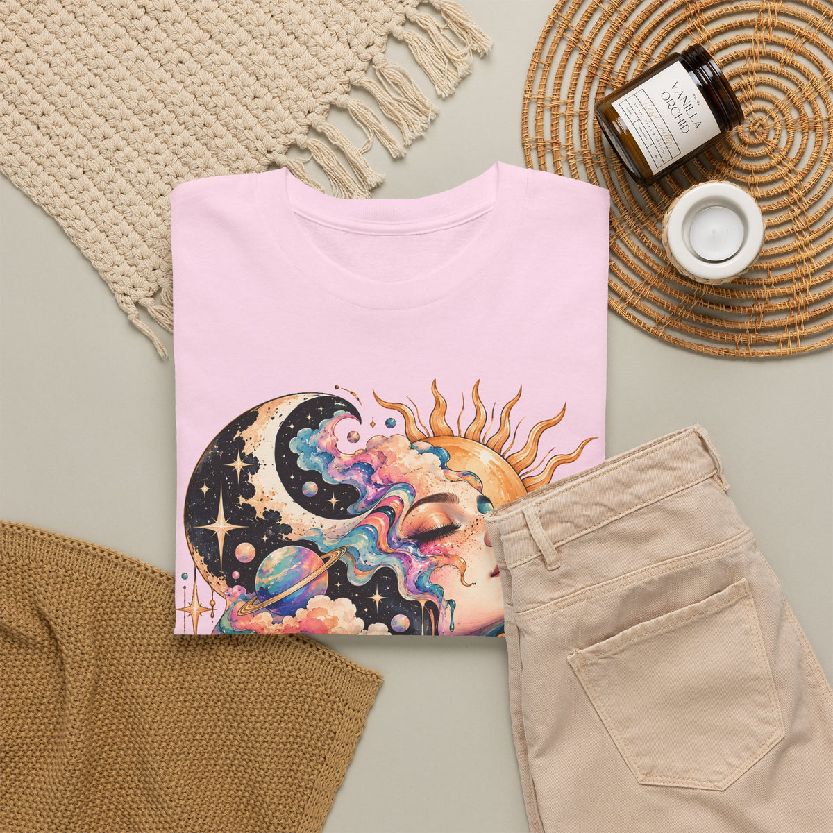 Celestial Sun and Moon Woman T-Shirt, Pastel Cloud Hair Melting Drip Planets Stars Graphic Tee Unisex