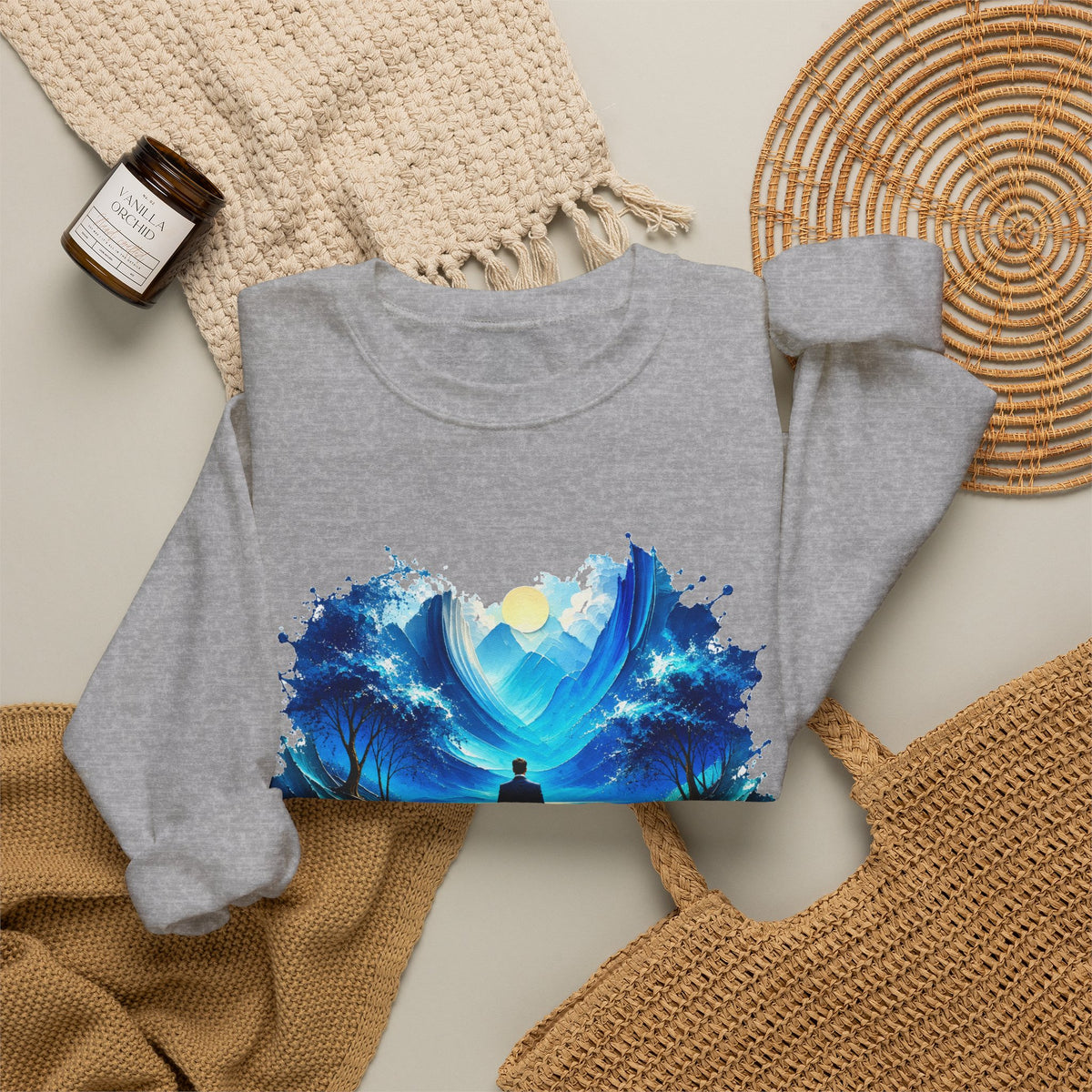 Blue Dreamscape Wanderer Crewneck Sweatshirt Man Walking on Water Toward the Sun Paint Splash Art