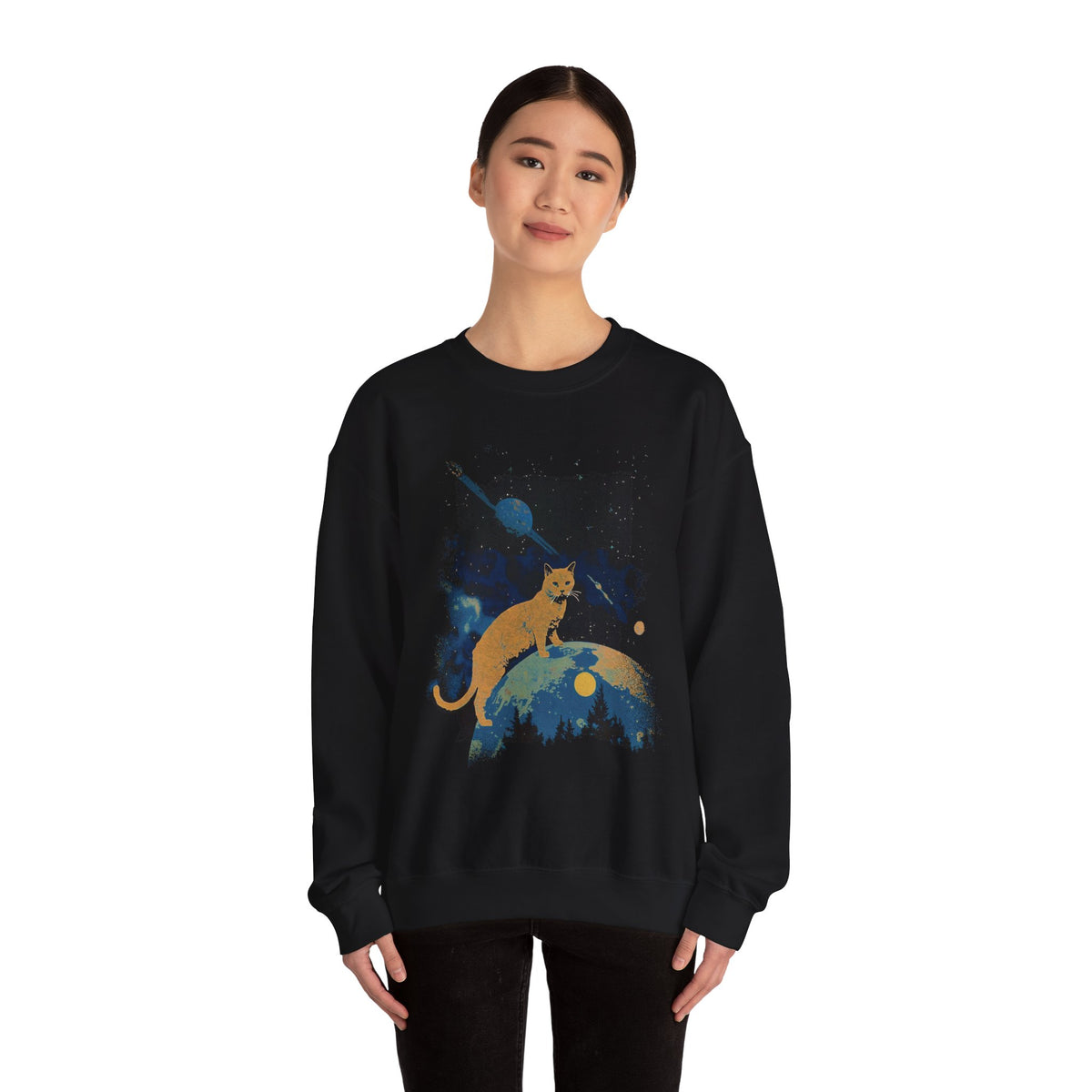 Space Cat Sweatshirt Funny Galaxy Kitty Cat Lover Crewneck