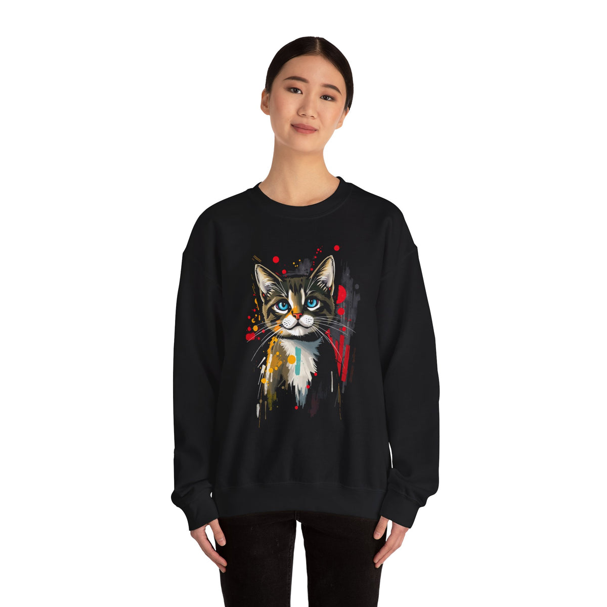 Splatter Paint Tabby Cat Crewneck Sweatshirt Unisex Graphic Pullover