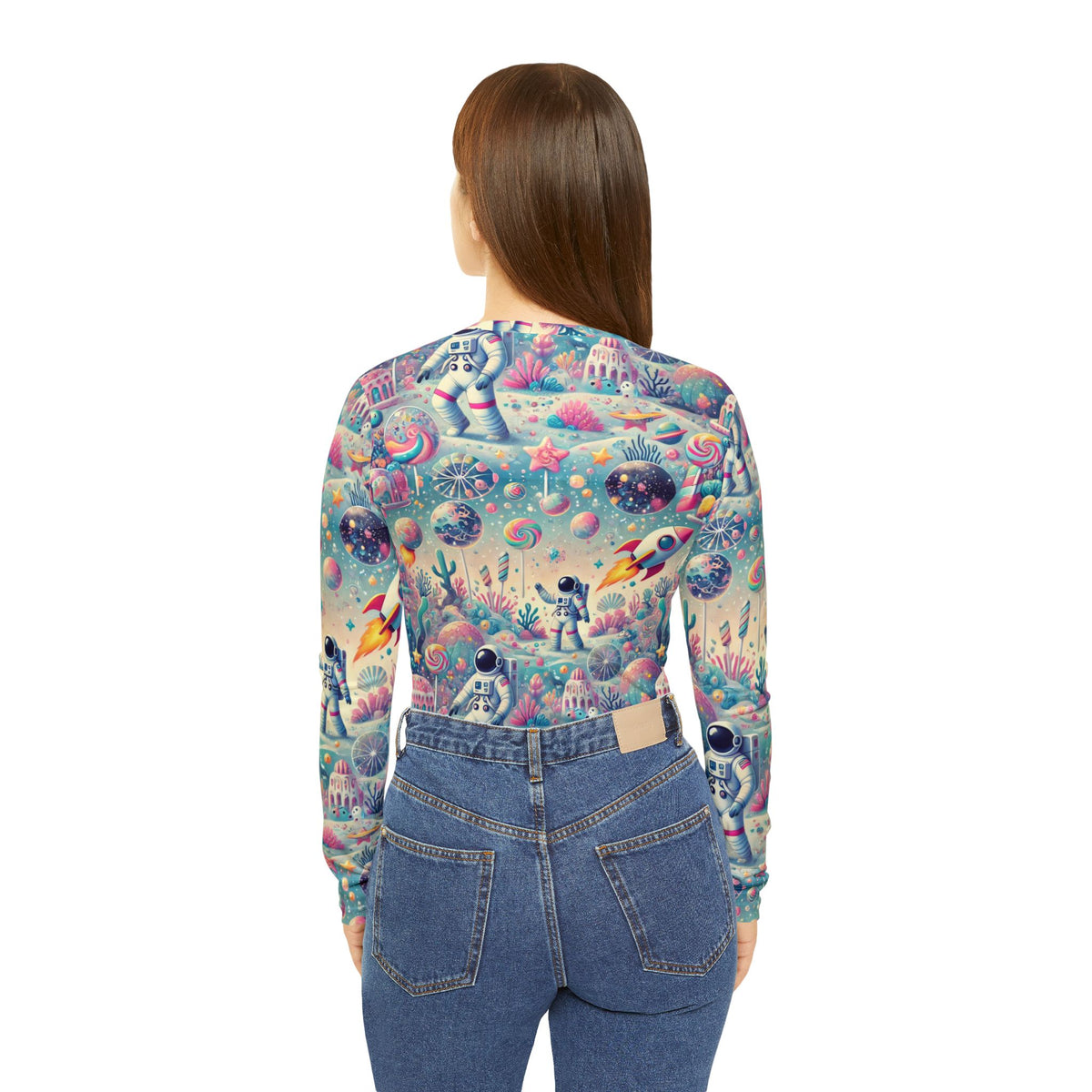 Pastel Astronaut Space Print Womens Long Sleeve V Neck Shirt