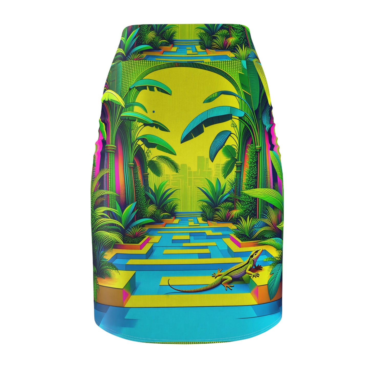Pencil Skirt - Tropical Plants and Lizard Print