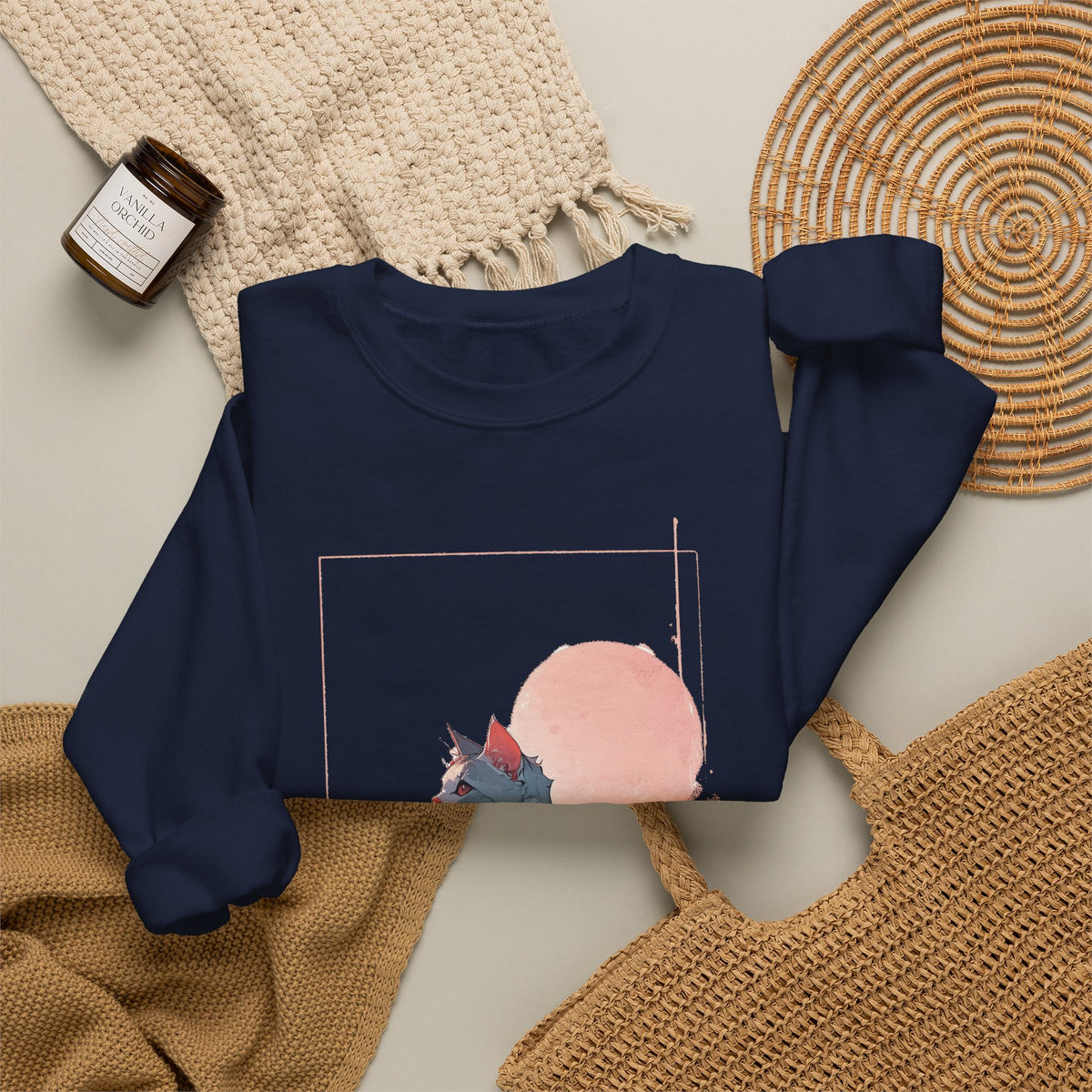 Watercolor Cat Sweatshirt, Minimalist Pink Sun Cat Crewneck, Japanese Style Cat Lover Pullover