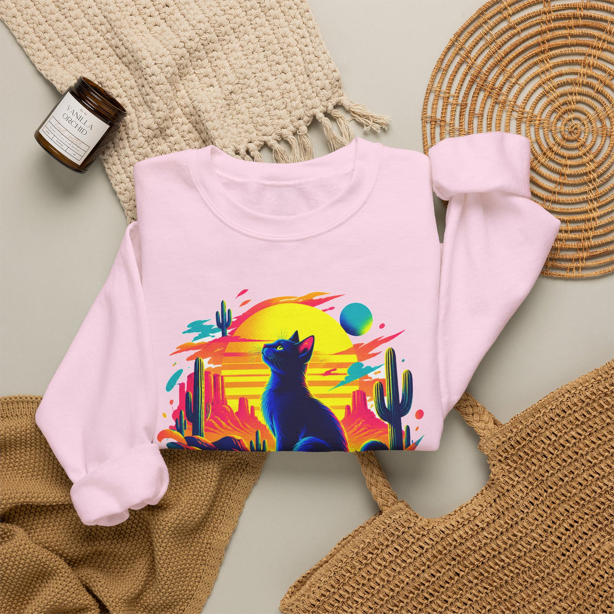 Neon Desert Black Cat Sweatshirt Synthwave Sunset Cactus Oasis Cat Lover Crewneck