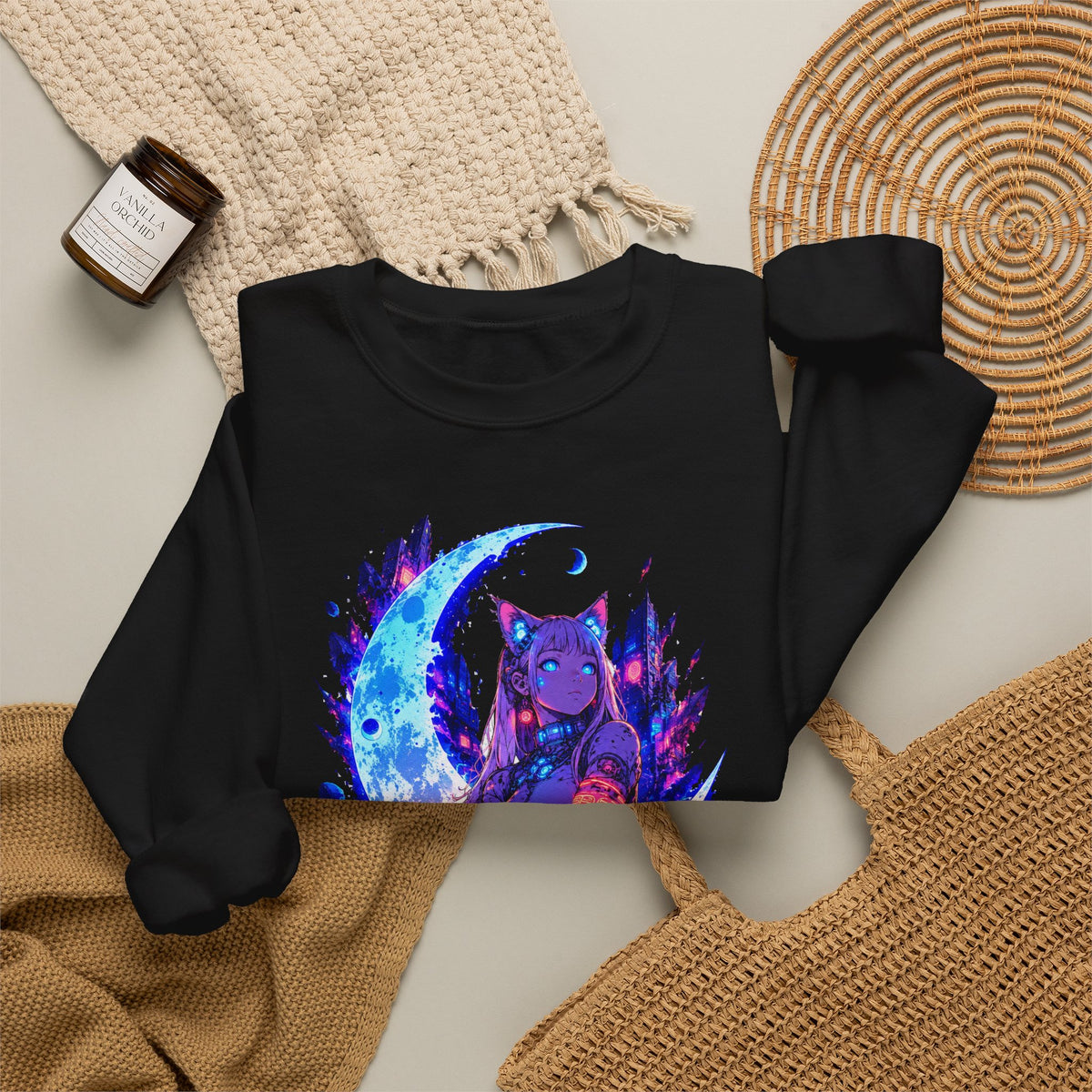 Neon Cyberpunk Cat Girl Crewneck Sweatshirt Blue Crescent Moon Anime Cat Ears Glow Art