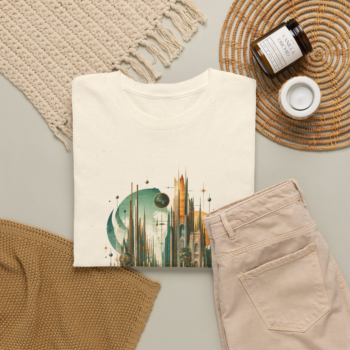 Art Deco Emerald City T-Shirt Gold Fantasy Skyline Roses Stairway Art