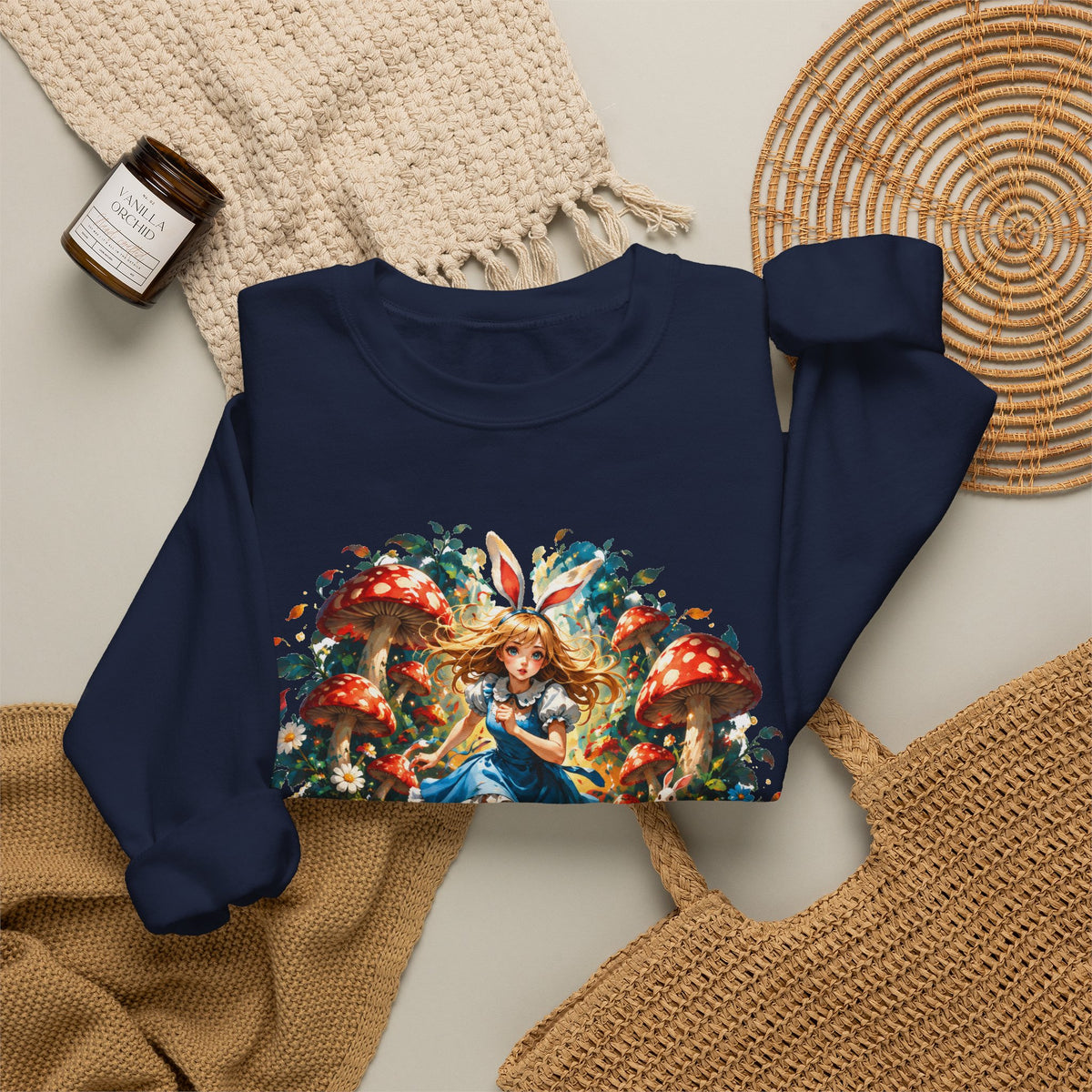 Wonderland Bunny Girl Sweatshirt Red Mushroom White Rabbit Fairytale Forest Crewneck