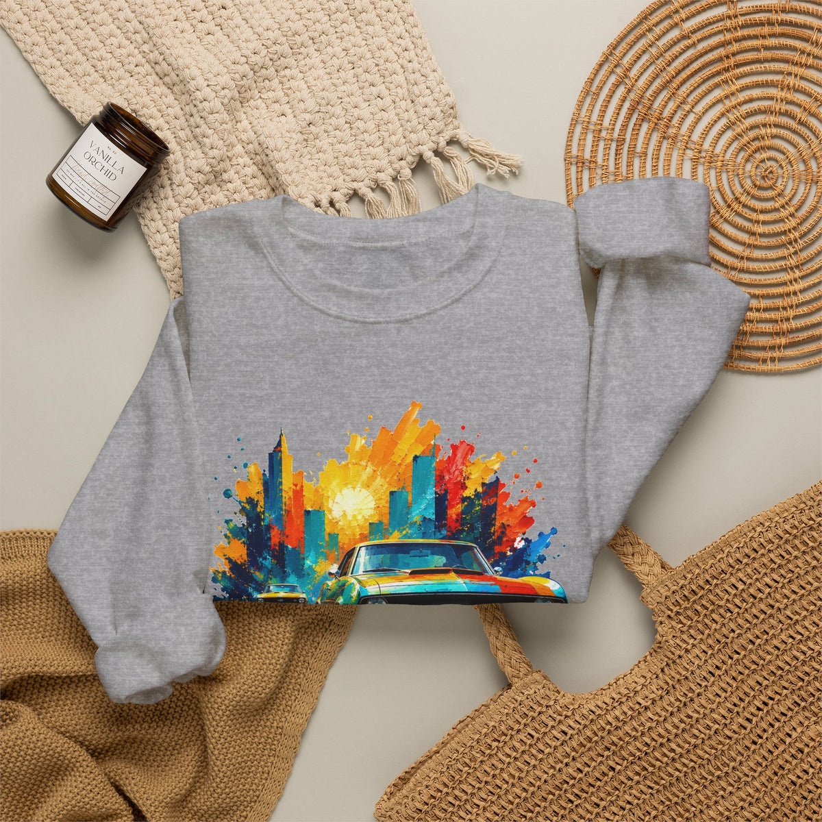 Paint Splash Muscle Car Crewneck Sweatshirt Colorful City Sunset Classic Car Art