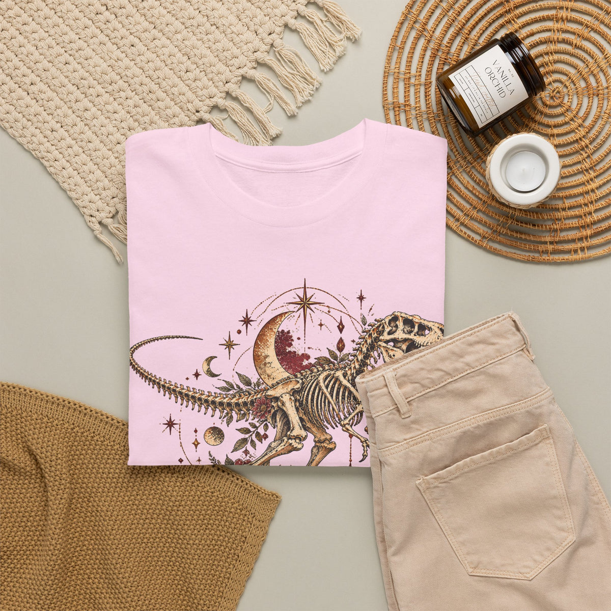 Celestial T-Rex Skeleton T-Shirt, Dinosaur Fossil Moon Stars Graphic Tee Unisex Dark Academia Shirt