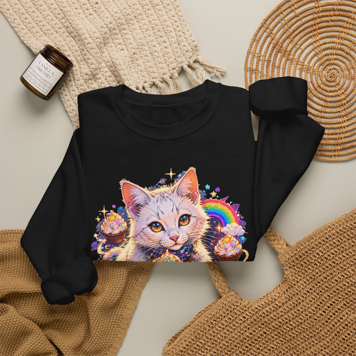 Birthday Cat Cupcake Crewneck Sweatshirt Cute White Kitten Rainbow Sprinkles Party Art