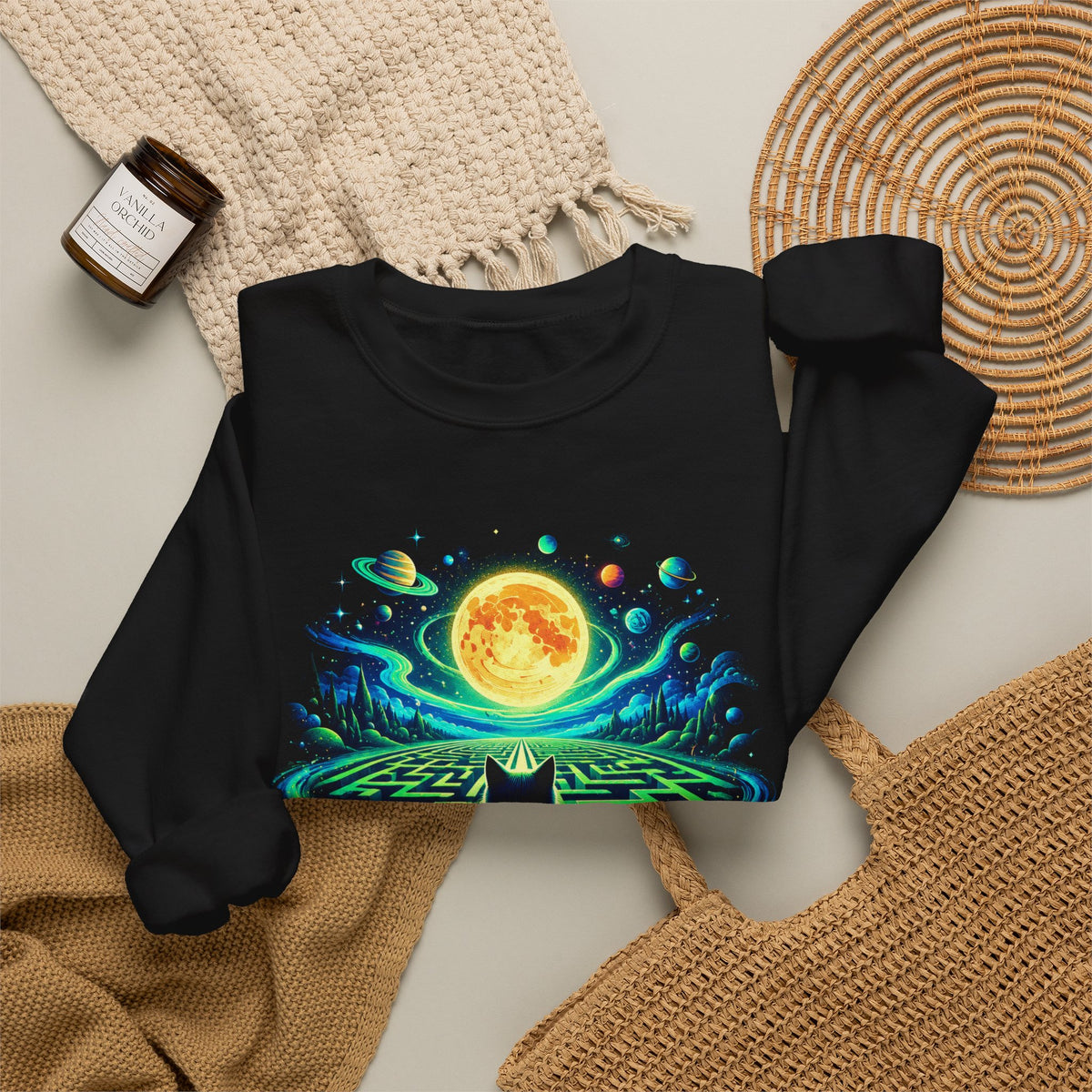 Black Cat Neon Maze Crewneck Sweatshirt Gold Moon Planets Celestial Cat Art