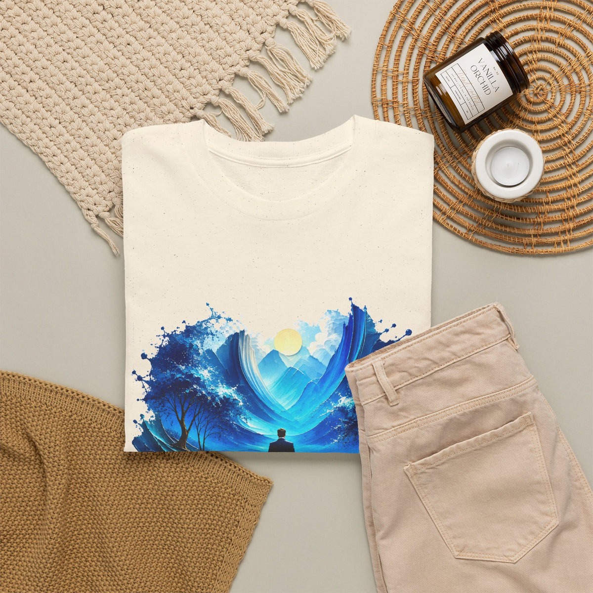 Blue Dreamscape Wanderer T-Shirt Man Walking on Water Toward the Sun Paint Splash Art