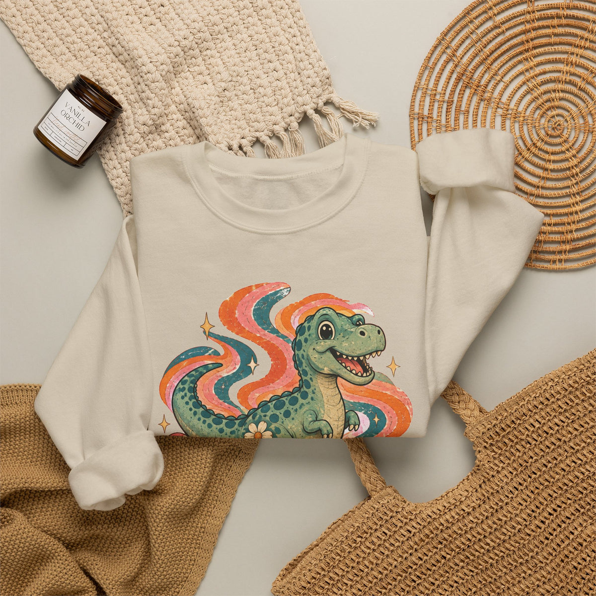 Groovy T-Rex Sweatshirt Retro 70s Dinosaur Mushroom Daisy Crewneck