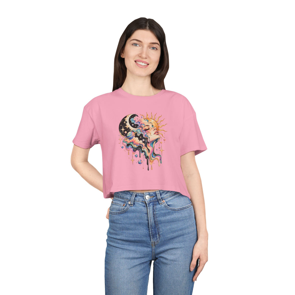 Celestial Sun and Moon Woman Crop Tee, Pastel Cloud Hair Melting Drip Planets Stars Women's Cropped T-Shirt