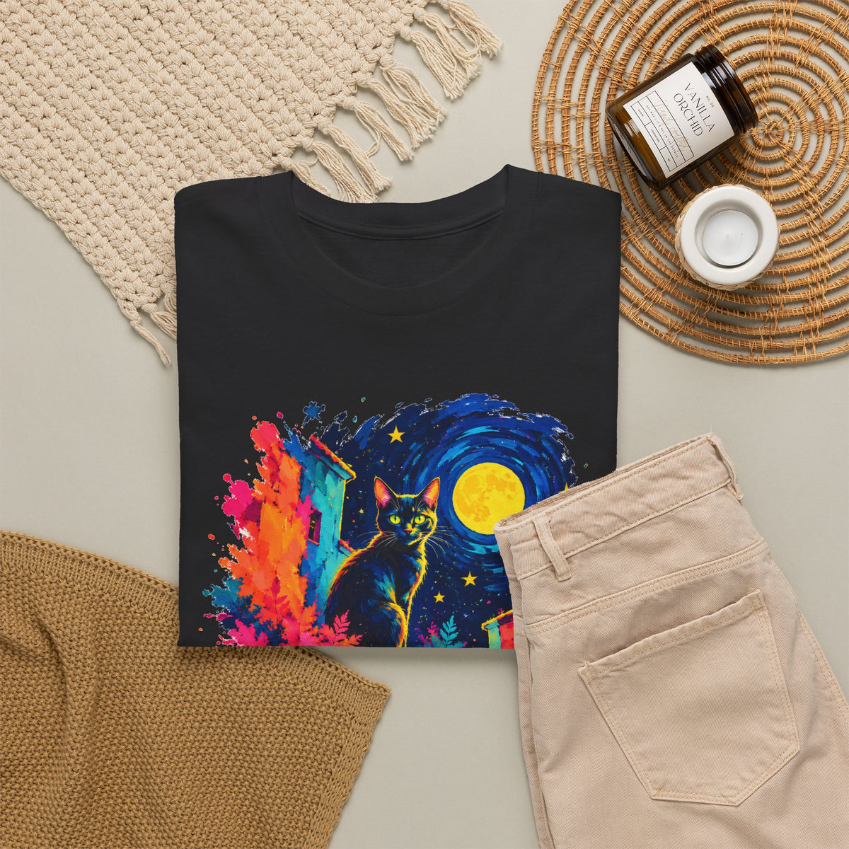 Black Cat on Moonlit Stairs T-Shirt Swirling Night Sky Yellow Moon Colorful Cat Art Tee