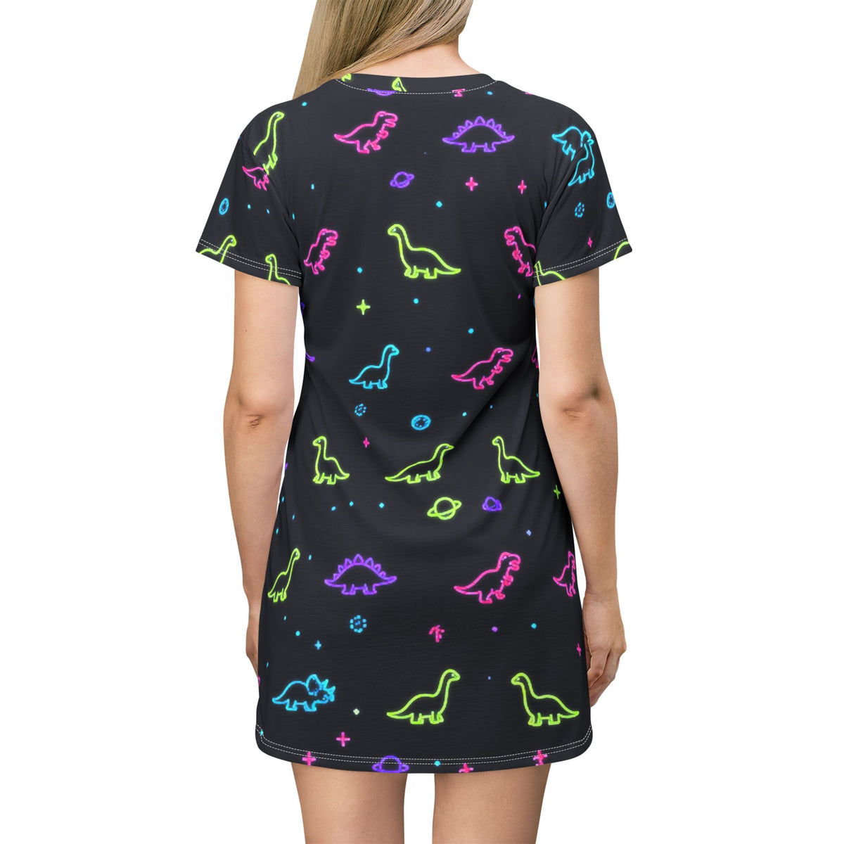 Neon Dinosaur Space T Shirt Dress Women All Over Print Galaxy Dino Stars Black