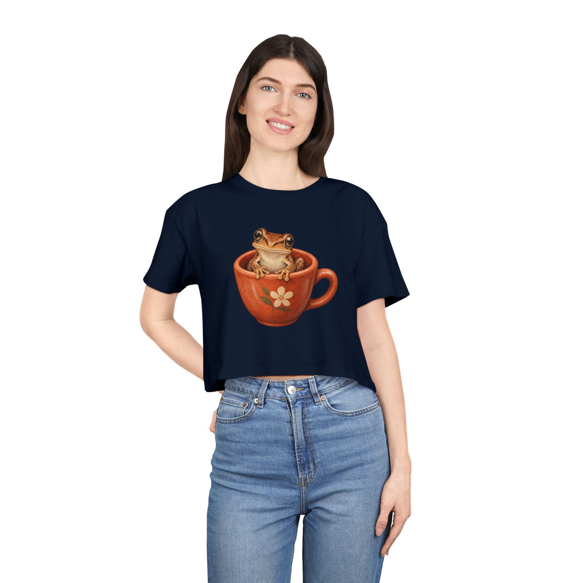 Frog in Teacup Crop Tee Cute Amphibian Womens Graphic Crop Top
