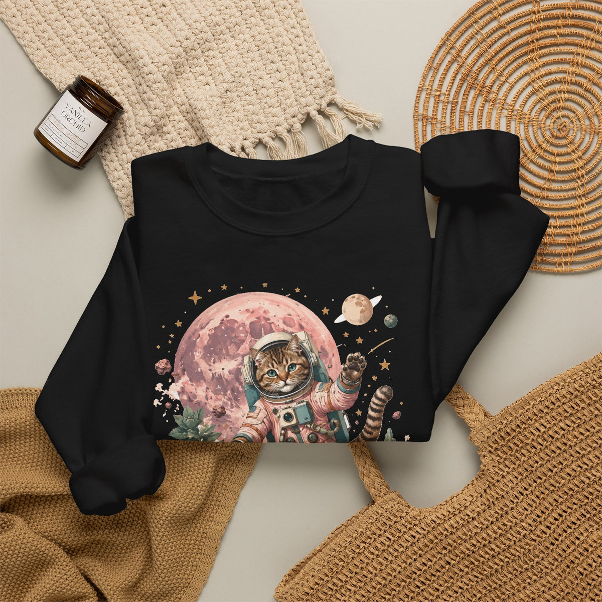 Tabby Cat Astronaut Sweatshirt Pastel Pink Moon Space Cat Waving Crewneck