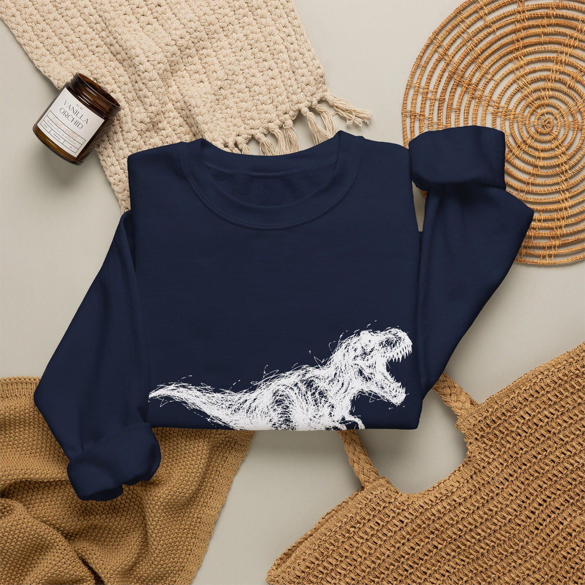 Scribble White T-Rex on Black Sweatshirt Minimal Line Art Dinosaur