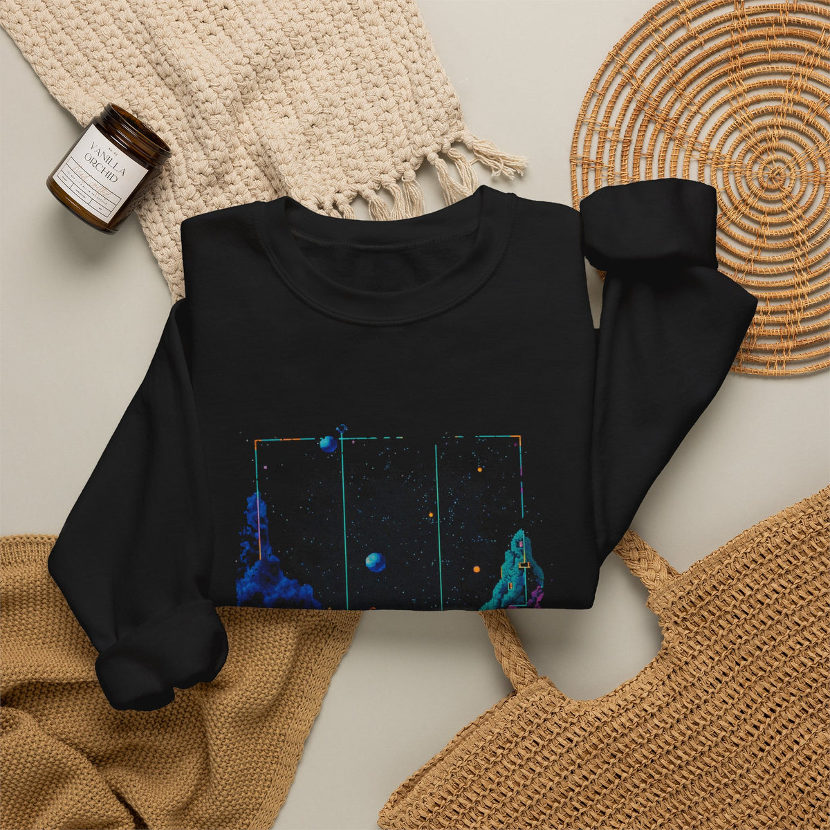 Retro Space Dog Sweatshirt, Distressed Synthwave Galaxy Puppy Crewneck, Rainbow Grid Cosmic Dog Pullover