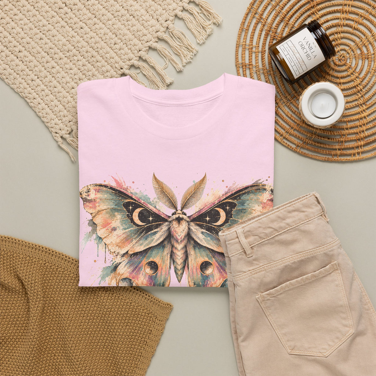 Celestial Luna Moth T-Shirt, Pastel Watercolor Moth Crescent Moon Stars Paint Drip Graphic Tee Unisex