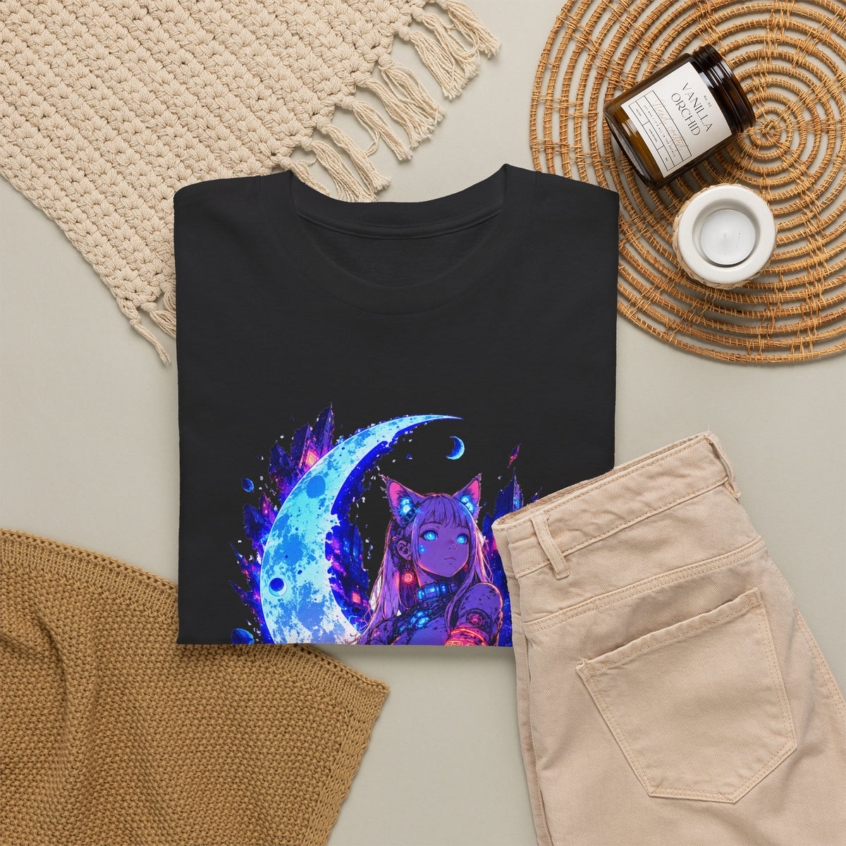 Neon Cyberpunk Cat Girl T-Shirt Blue Crescent Moon Anime Cat Ears Glow Art