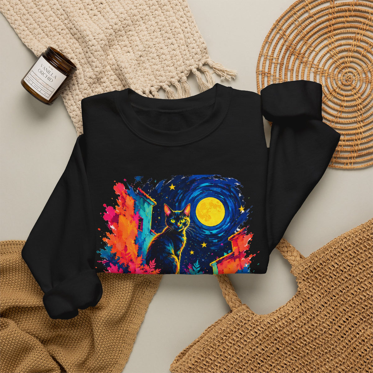 Black Cat on Moonlit Stairs Sweatshirt Swirling Night Sky Yellow Moon Colorful Cat Art Crewneck