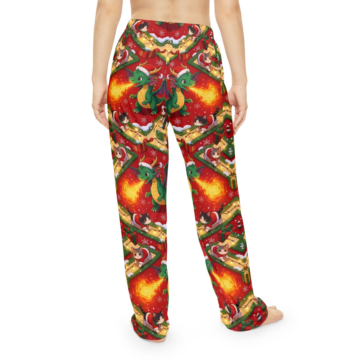 Green Christmas Dragon Kittens Pajama Pants Women Lounge Pants