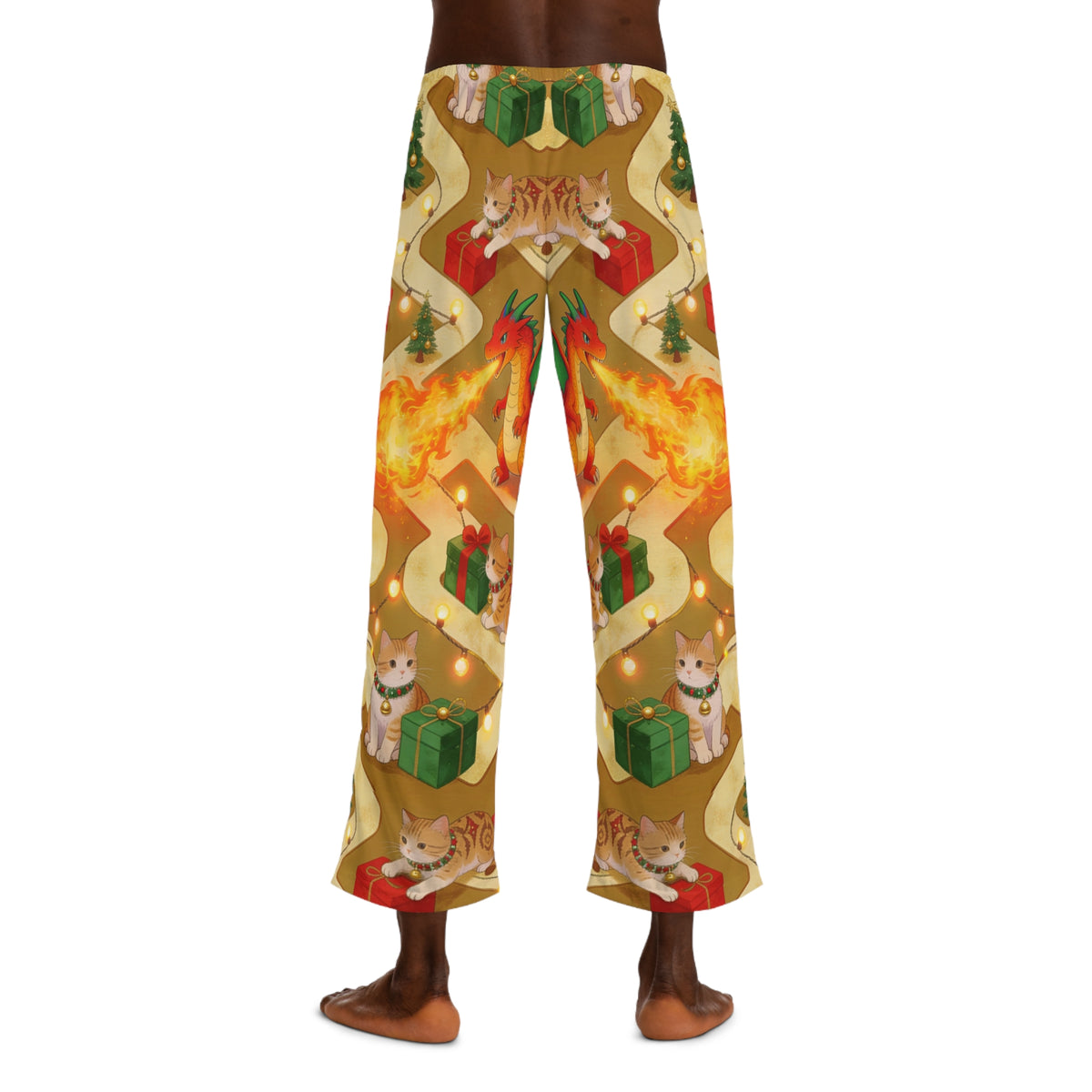 Christmas Dragon and Cats Mens Pajama Pants Dragon Cat Holiday Sleep Pants