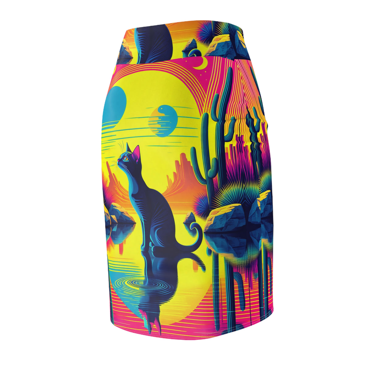 Black Cat Desert Sunset Womens Pencil Skirt Colorful Cactus Print