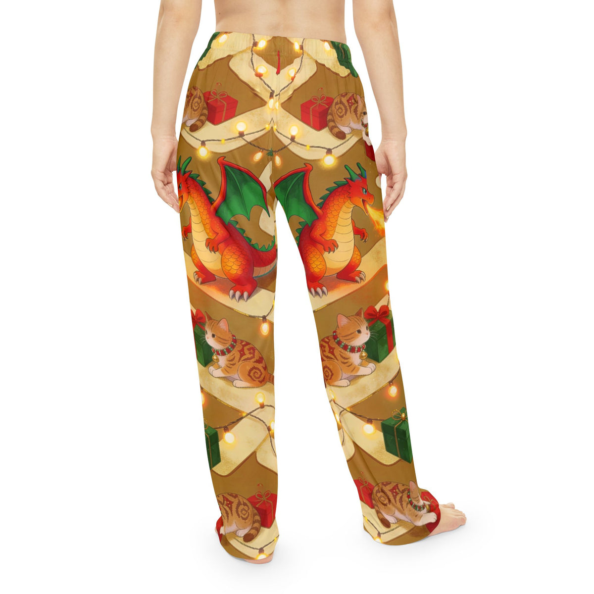 Christmas Dragon and Cats Pajama Pants Women Dragon Cat Holiday Lounge Pants
