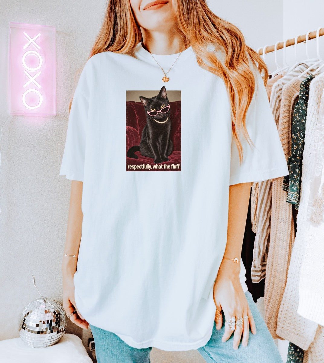 Respectfully What the Fluff Funny Cat Tee Black Cat Sunglass - Comfort Colors tee model v4