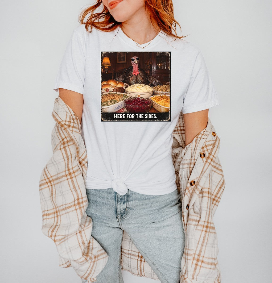 Here for the Sides Funny Thanksgiving Turkey Tee Cool Turkey - Comfort Colors tee closeup v4