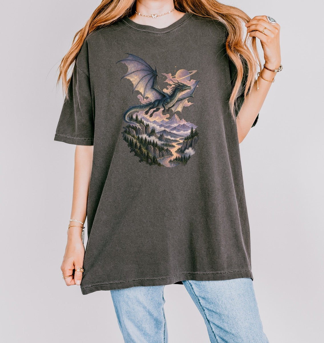 Celestial Dragon Over Forest Tee Fantasy Ringed Planet Mount - Comfort Colors tee closeup v4