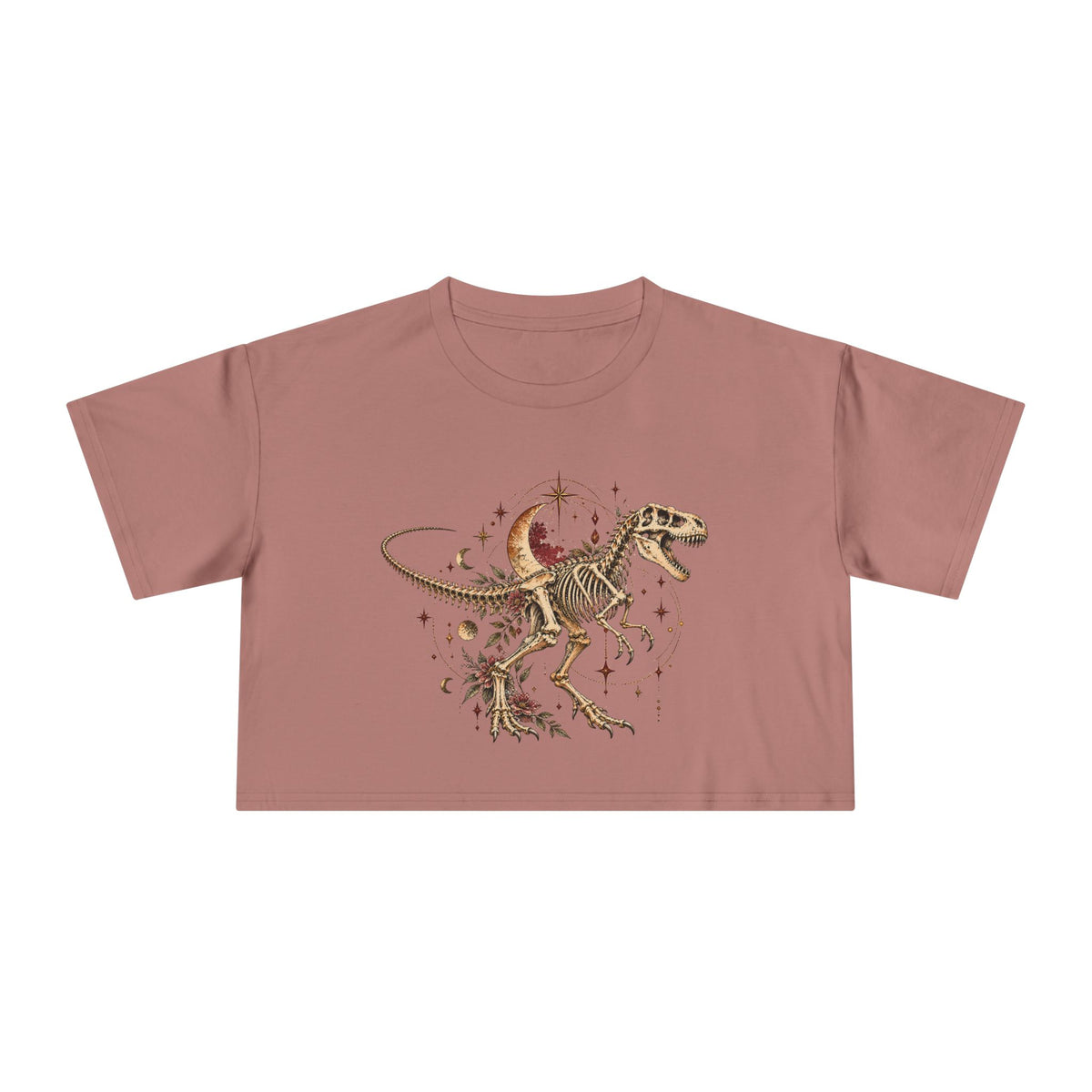 Celestial T-Rex Skeleton Crop Tee, Dark Academia Moon Stars Floral Dinosaur Women's Cropped T-Shirt