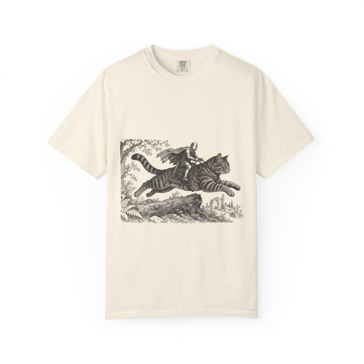 Medieval Knight Riding Leaping Tabby Cat Tee Dark Fantasy Moonlit Cat Shirt
