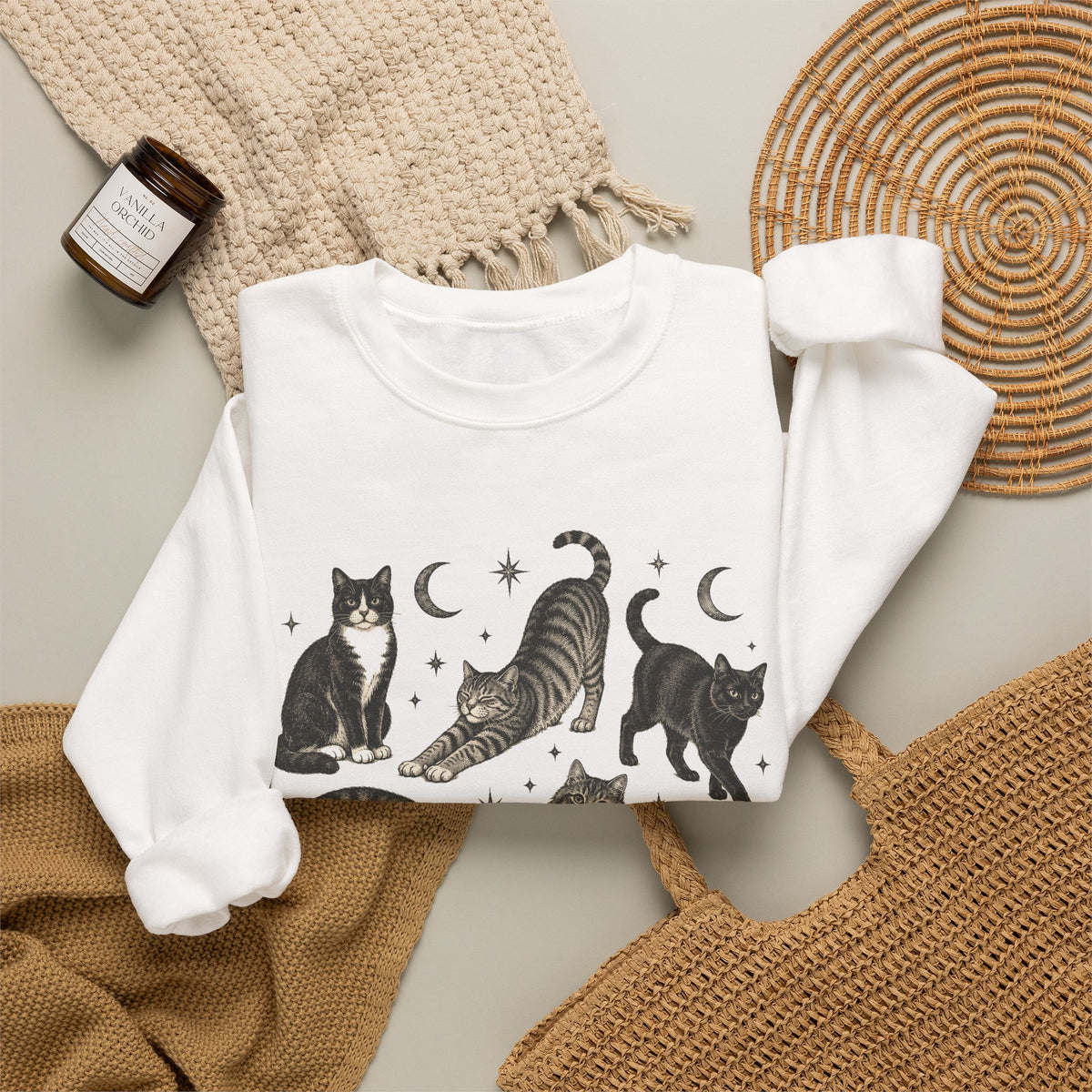 Vintage Cats and Moons Sweatshirt Cute Cat Lover Celestial