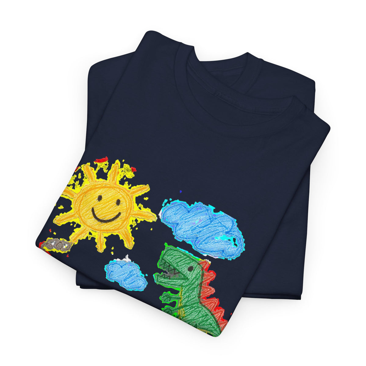Kids Crayon Drawing T-Shirt Dinosaur Dog Sun House Cute Childlike Art Tee