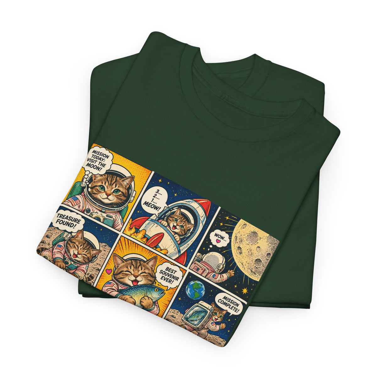 Astronaut Cat Comic T-Shirt, Space Cat Moon Mission Fish Funny Comic Strip Graphic Tee Unisex